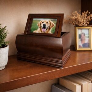Smart Plan Dark Brown 11x7 inch Wooden Memory Box with Photo Frame Lid Urn